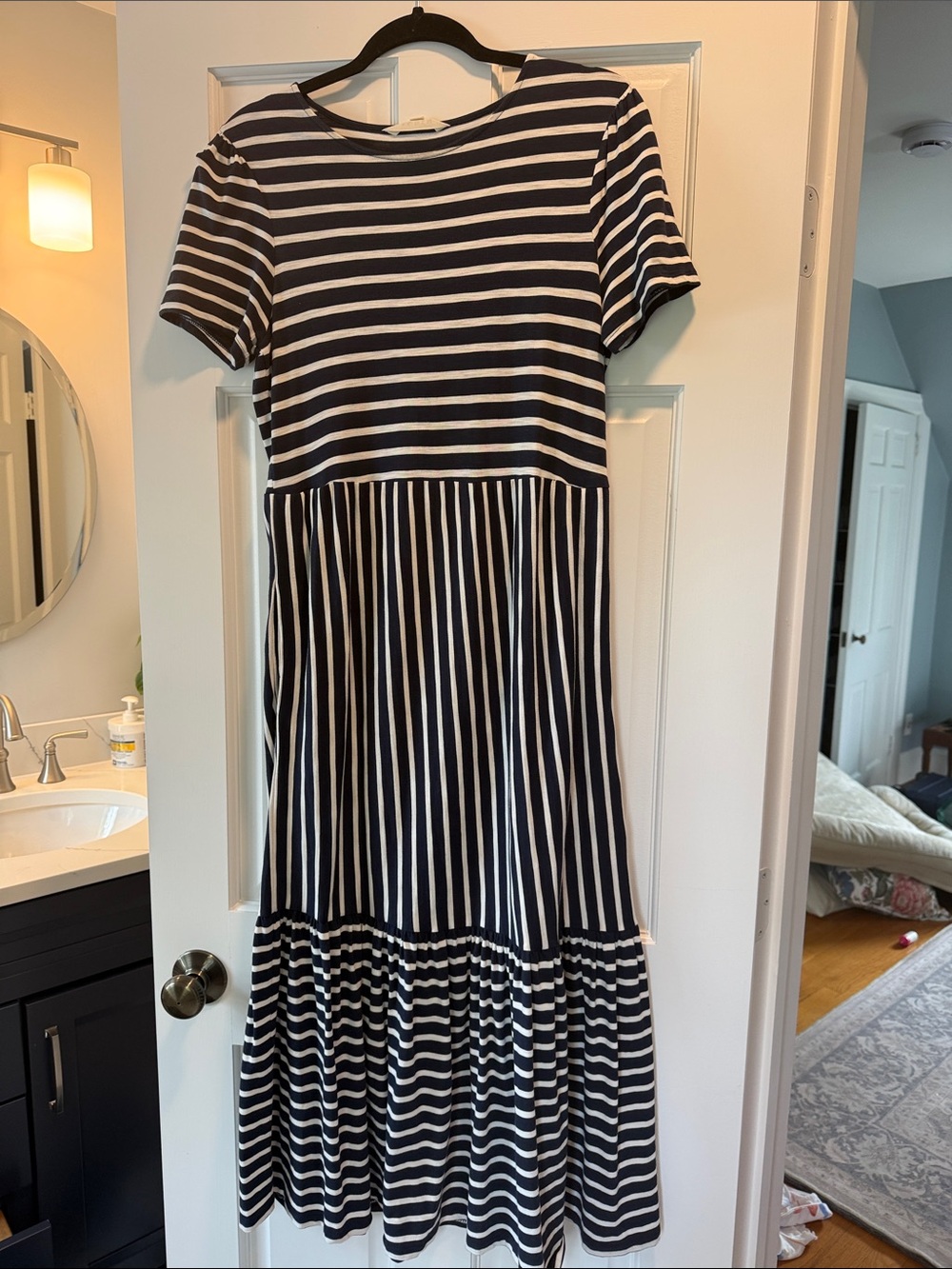 Boden Navy and White Striped Short-Sleeve Tiered Midi Dress